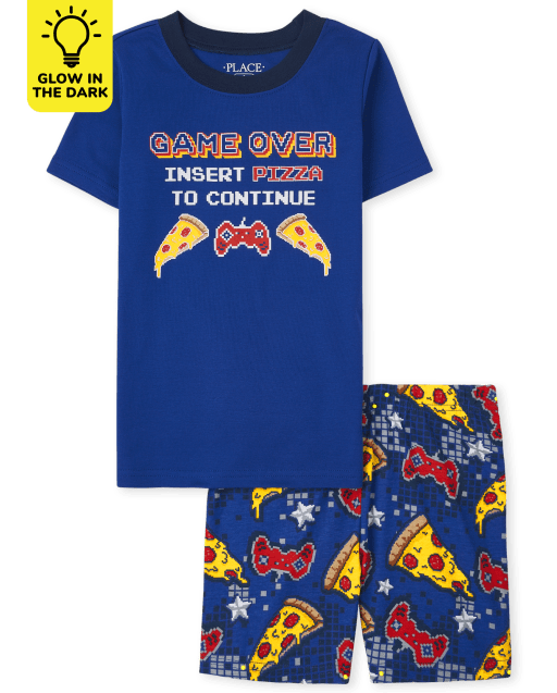 Boys Short Sleeve Glow In The Dark 'Game Over' Snug Fit Cotton Pajamas