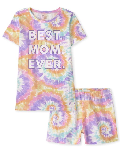 Pijama de algodón de ajuste ceñido con teñido anudado arcoíris de manga corta "Best Mom" para mujer a juego
