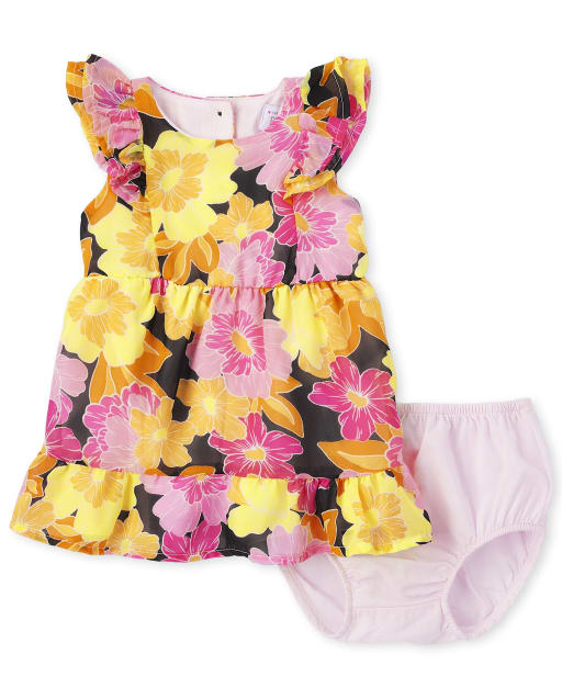 Baby Girls Short Sleeve Floral Print Woven Ruffle Dress And Bloomers Set
