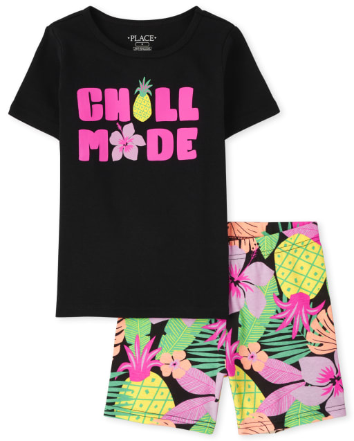 Girls Short Sleeve 'Chill Mode' Snug Fit Cotton Pajamas