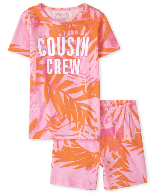 Girls Short Sleeve 'Cousin Crew' Tropical Snug Fit Cotton Pajamas