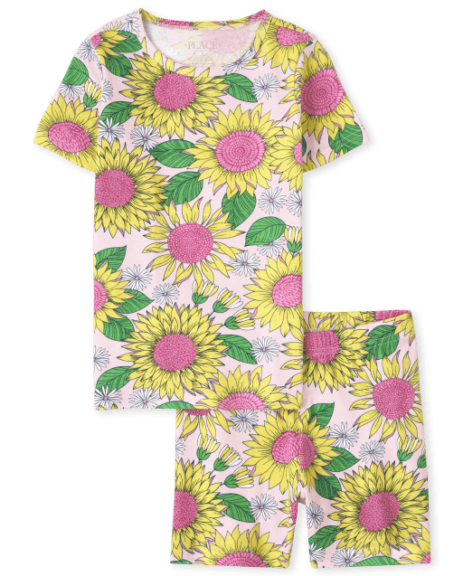 Girls Short Sleeve Sunflower Snug Fit Cotton Pajamas