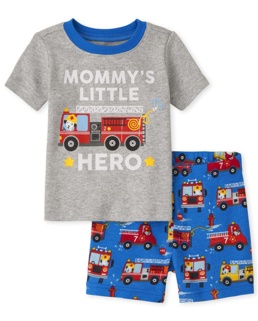 Pijama de algodón de manga corta con diseño de camión de bomberos para bebés y niños pequeños