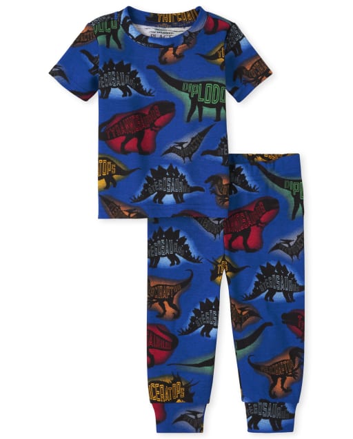 Paquete de 2 pijamas de algodón de ajuste ceñido Dino de manga corta para bebés y niños pequeños