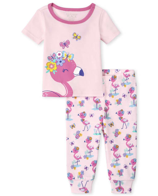 Baby And Toddler Girls Short Sleeve Flamingo Snug Fit Cotton Pajamas