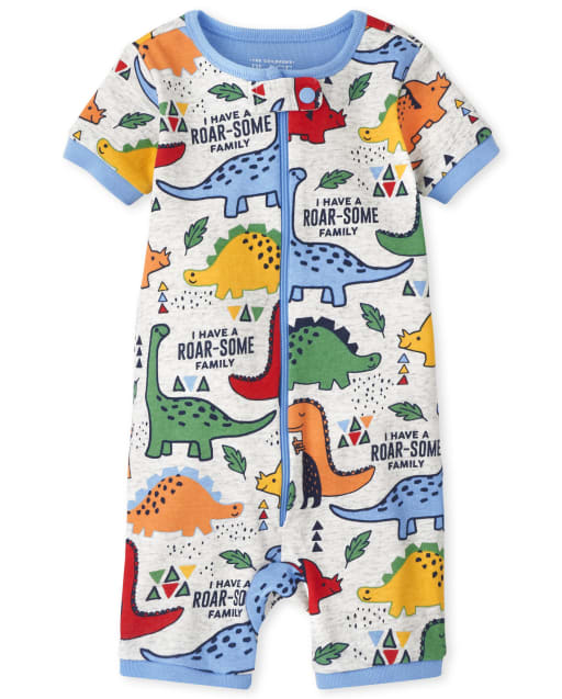 Pijama de una pieza de algodón con estampado de dinosaurio de manga corta para bebés y niños pequeños