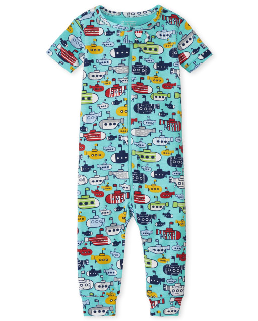 Pijama de una pieza de algodón con estampado submarino de manga corta para bebés y niños pequeños