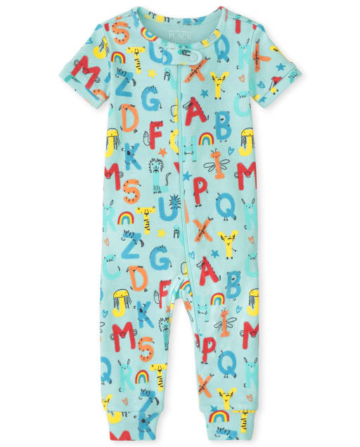 Pijama de una pieza de algodón unisex de manga corta con alfabeto y ajuste ceñido para bebés y niños pequeños