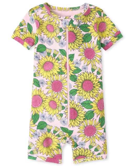 Pijama de una pieza de algodón de ajuste ceñido con girasoles de manga corta para bebés y niñas pequeñas