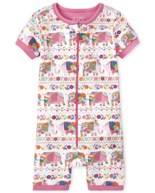 Pijama de una pieza de algodón de ajuste ceñido con elefante de manga corta para bebés y niñas pequeñas