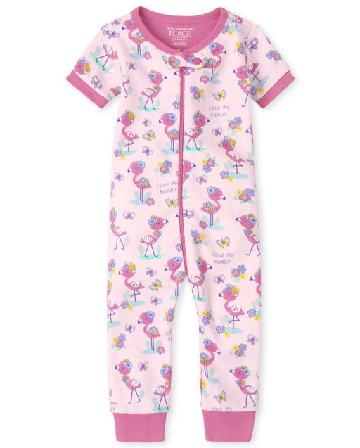 Pijama de una pieza de algodón con ajuste ceñido Fla,ingo de manga corta para bebés y niñas pequeñas