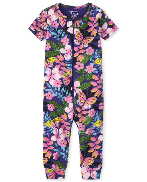 Pijama de una pieza de algodón con ajuste ceñido floral de manga corta para bebés y niñas pequeñas