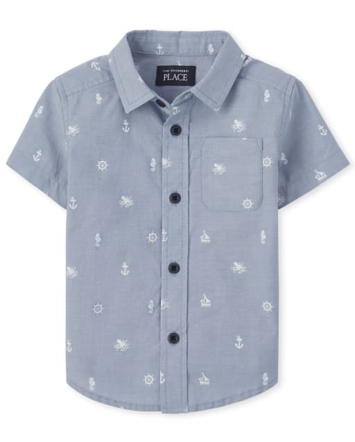 Baby And Toddler Boys Short Sleeve Nautical Print Poplin Button Down Shirt