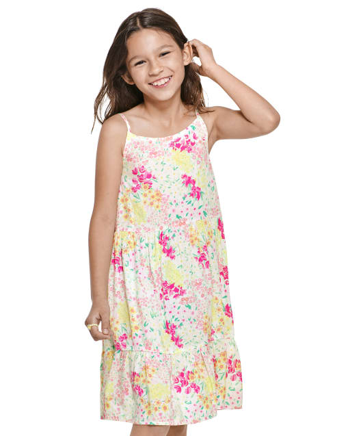 Girls Mommy And Me Sleeveless Floral Tiered Woven Tank Dress