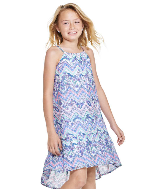 Girls Mommy And Me Sleeveless Floral Chevron Woven High Low Dress