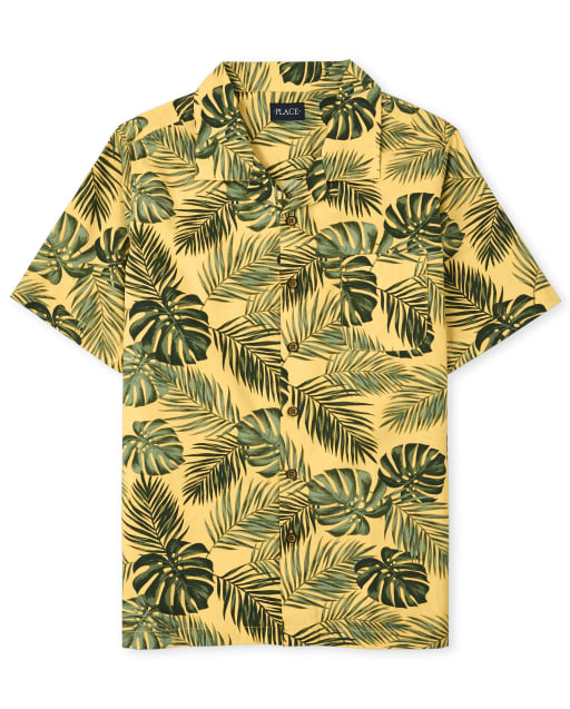 Camisa con botones a juego de popelina con estampado de hojas tropicales de manga corta para papá y yo para hombre