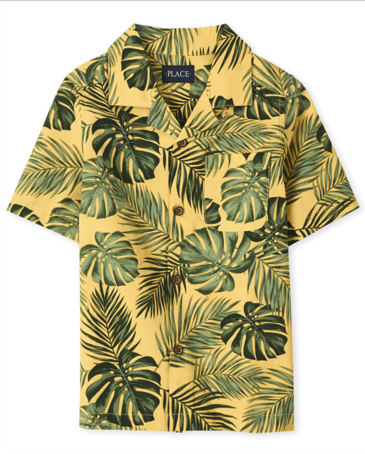 Camisa con botones a juego de popelina con estampado de hojas tropicales de manga corta para niños Papá y yo