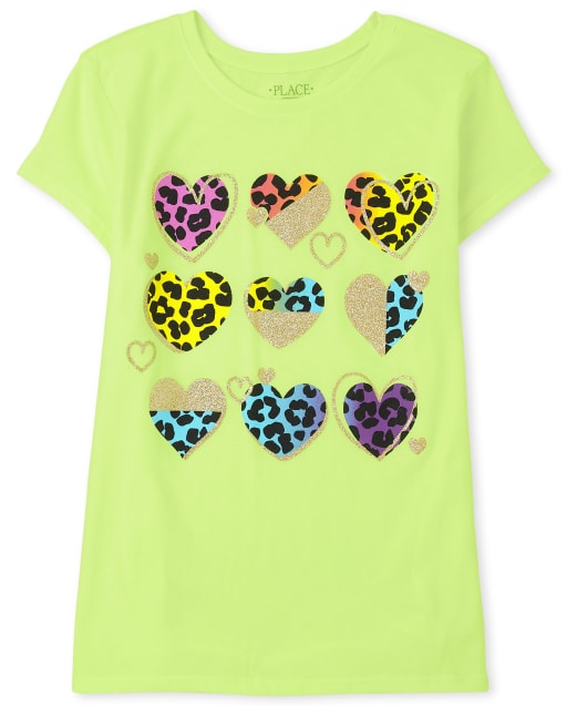 Girls Short Sleeve Leopard Heart Graphic Tee