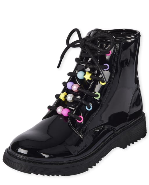 Girls Patent Beaded Lace Up Booties