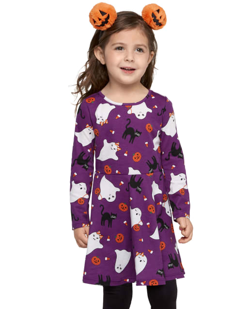 Toddler Girls Long Sleeve Halloween Print Knit Skater Dress