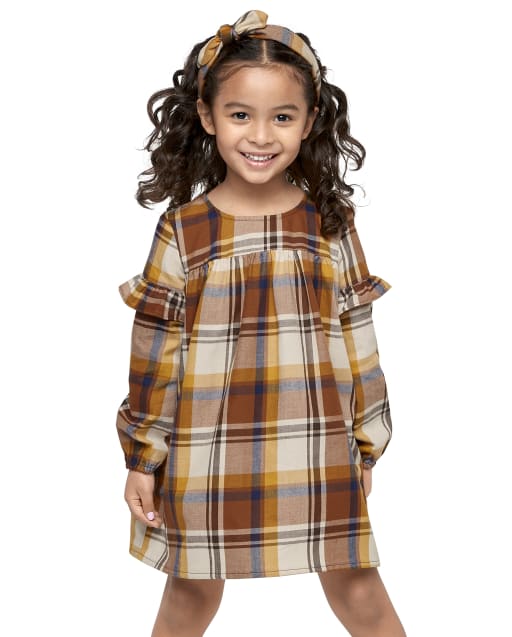 Toddler Girls Long Sleeve Plaid Knit Ruffle Dress