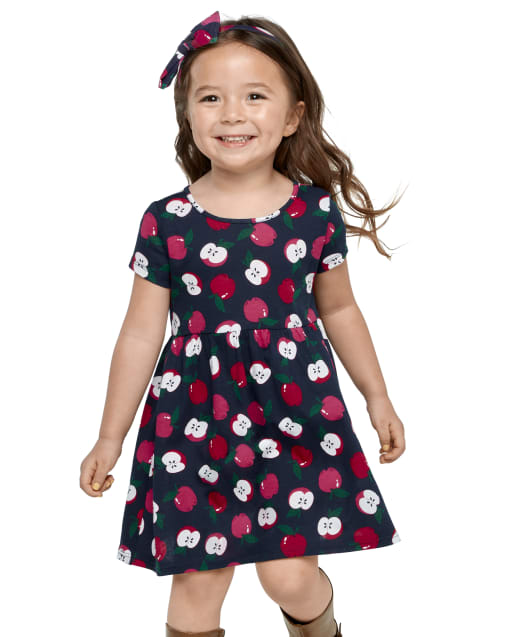 Baby And Toddler Girls Short Sleeve Apple Print Babydoll Dress