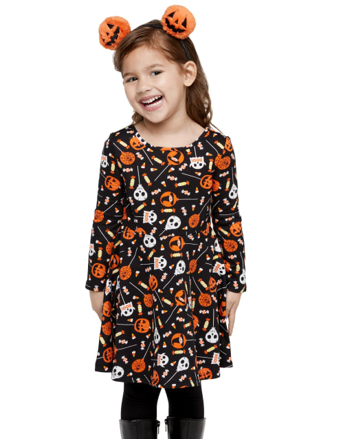 Baby And Toddler Girls Long Sleeve Halloween Candy Print Cut Out Knit Skater Dress