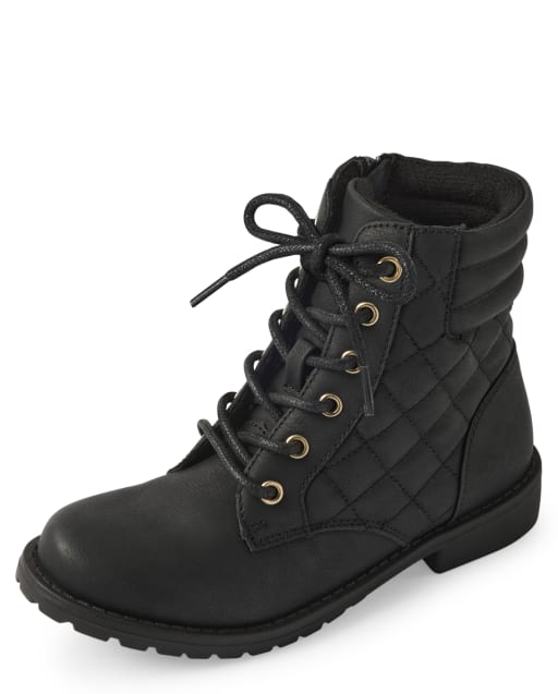 Girls Faux Leather Quilted Lace Up Booties