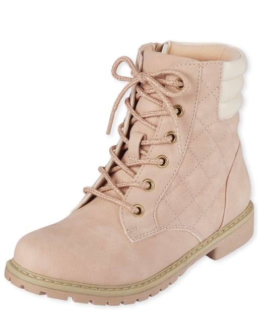 Girls Faux Leather Quilted Lace Up Booties