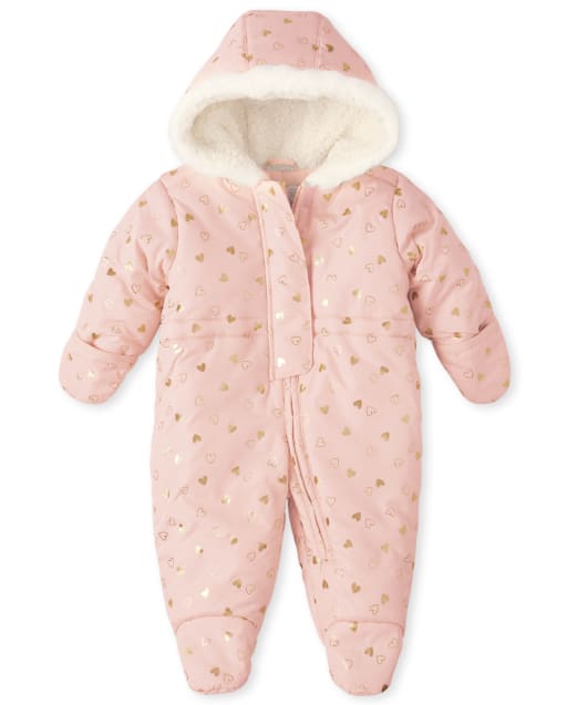 Baby Girls Long Sleeve Heart Print Faux Fur Hooded Snowsuit