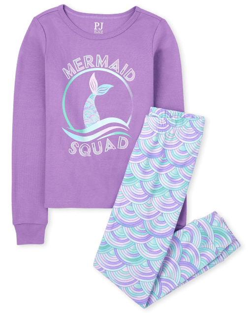 Girls Long Sleeve 'Mermaid Squad' Snug Fit Cotton Pajamas