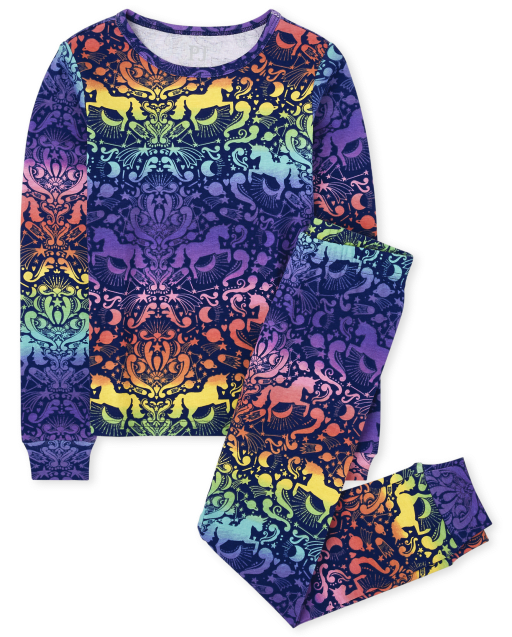 Girls Long Sleeve Rainbow Unicorn Floral Print Snug Fit Cotton Pajamas