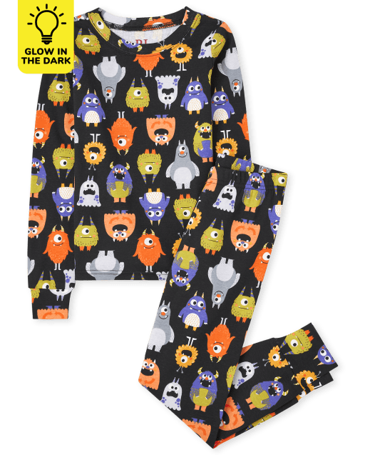 Unisex Kids Glow In The Dark Halloween Long Sleeve Monster Mashup Snug Fit Cotton Pajamas
