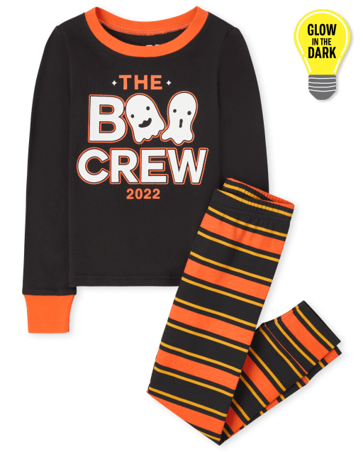 Unisex Kids Matching Family Glow In The Dark Halloween Long Sleeve 'The Boo Crew 2022' Snug Fit Cotton Pajamas