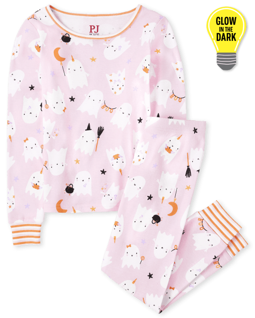 Girls Glow In The Dark Halloween Long Sleeve Fa-Boo-Lous Snug Fit Cotton Pajamas