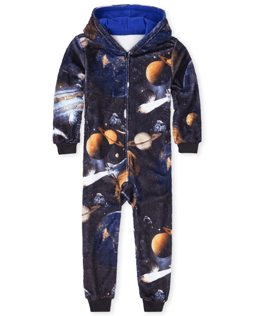 Boys Long Sleeve Space Fleece Hooded One Piece Pajamas