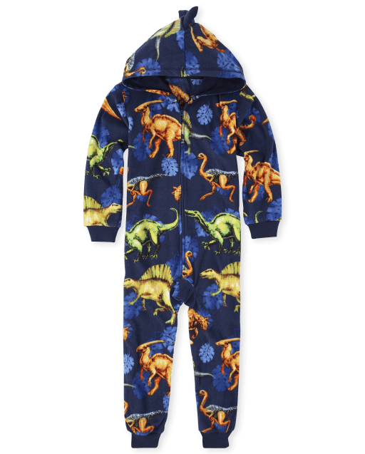 Boys Long Sleeve Dino Fleece Hooded One Piece Pajamas