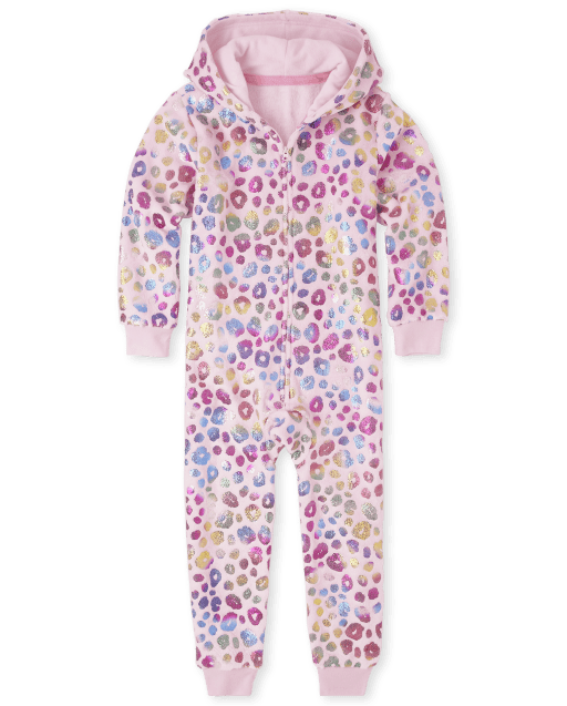 Girls Long Sleeve Leopard Print Fleece Hooded One Piece Pajamas