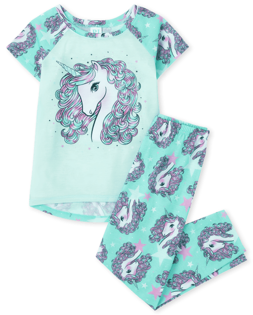 Girls Short Raglan Sleeve Unicorn Pajamas