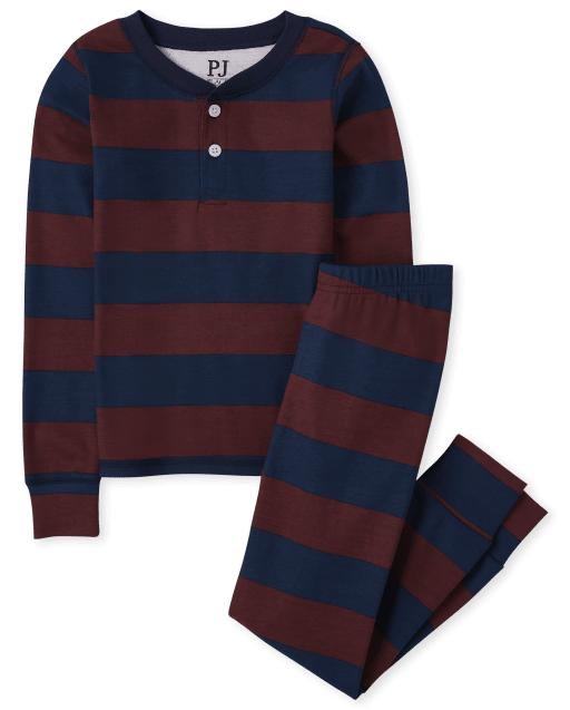 Boys Striped Henley Snug Fit Cotton Pajamas