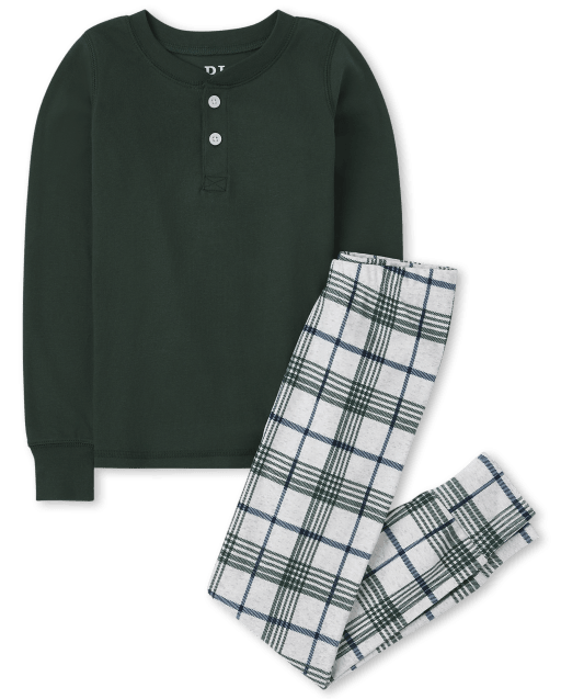 Boys Long Sleeve Plaid Henley Snug Fit Cotton Pajamas