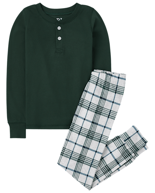 Pijama de algodón de ajuste ceñido con cuello henley a cuadros para niños