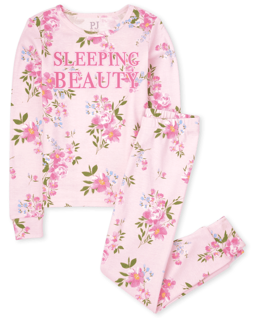 Pijama de algodón ajustado con estampado floral "La bella durmiente" de manga larga para niñas