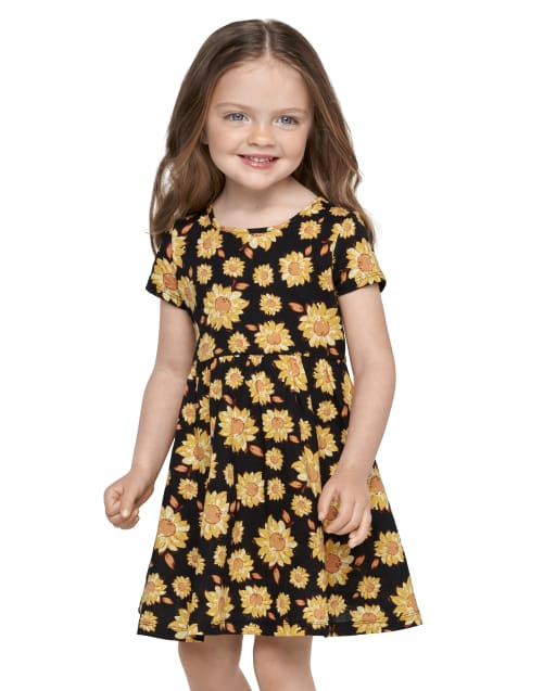 Toddler Girls Short Sleeve Sunflower Print Knit Babydoll Dress