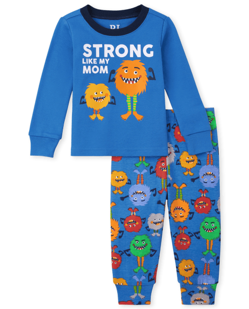 Pijama de algodón de ajuste ceñido "Strong Like My Mom" de manga larga para bebés y niños pequeños