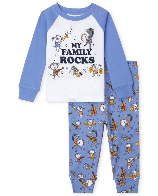 Unisex Baby And Toddler Long Raglan Sleeve 'My Family Rocks' Snug Fit Cotton Pajamas