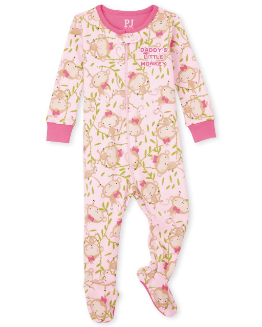 Baby And Toddler Girls Long Sleeve Moneky Print Snug Fit Cotton One Piece Pajamas