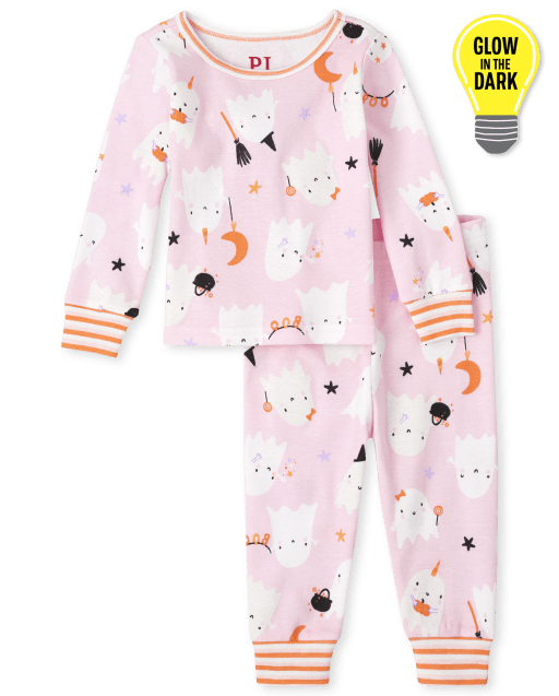 Baby And Toddler Girls Glow In The Dark Halloween Long Sleeve Ghost Snug Fit Cotton Pajamas
