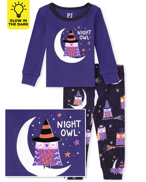 Pijamas de algodón ajustados para bebés y niñas pequeñas que brillan en la oscuridad de Halloween de manga larga 'Night Owl'