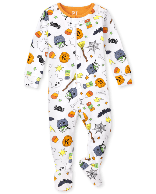 Pijama unisex de una pieza de algodón con estampado de Halloween de manga larga para bebés y niños pequeños